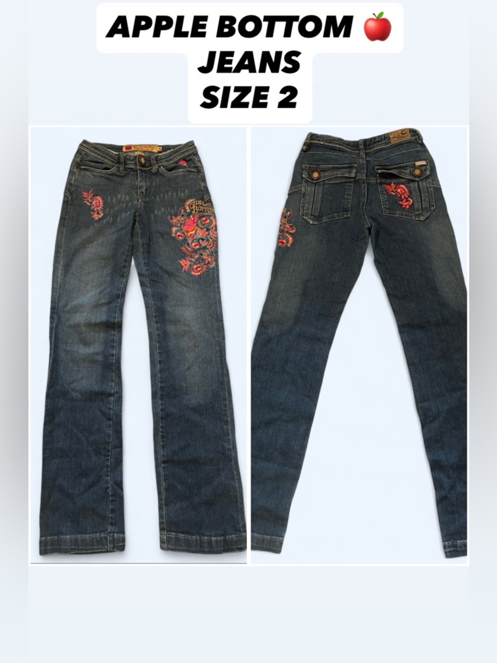 Apple Bottoms 🍎 Embroidered Bootcut Jeans Size 2 – Rare Floral Apple Design